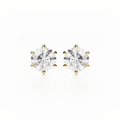 6 Claw Diamond Stud Earrings - Round Shape - Butterfly Backs