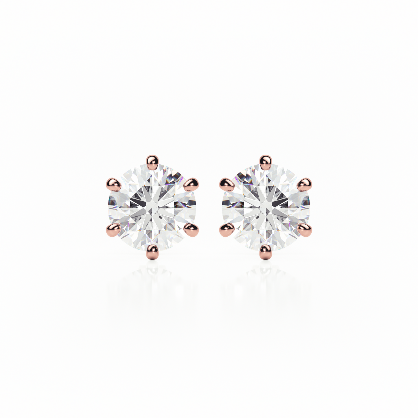 6 Claw Diamond Stud Earrings - Round Shape - Butterfly Backs
