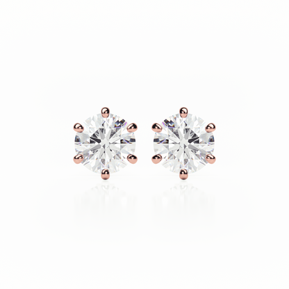 6 Claw Diamond Stud Earrings - Round Shape - Butterfly Backs