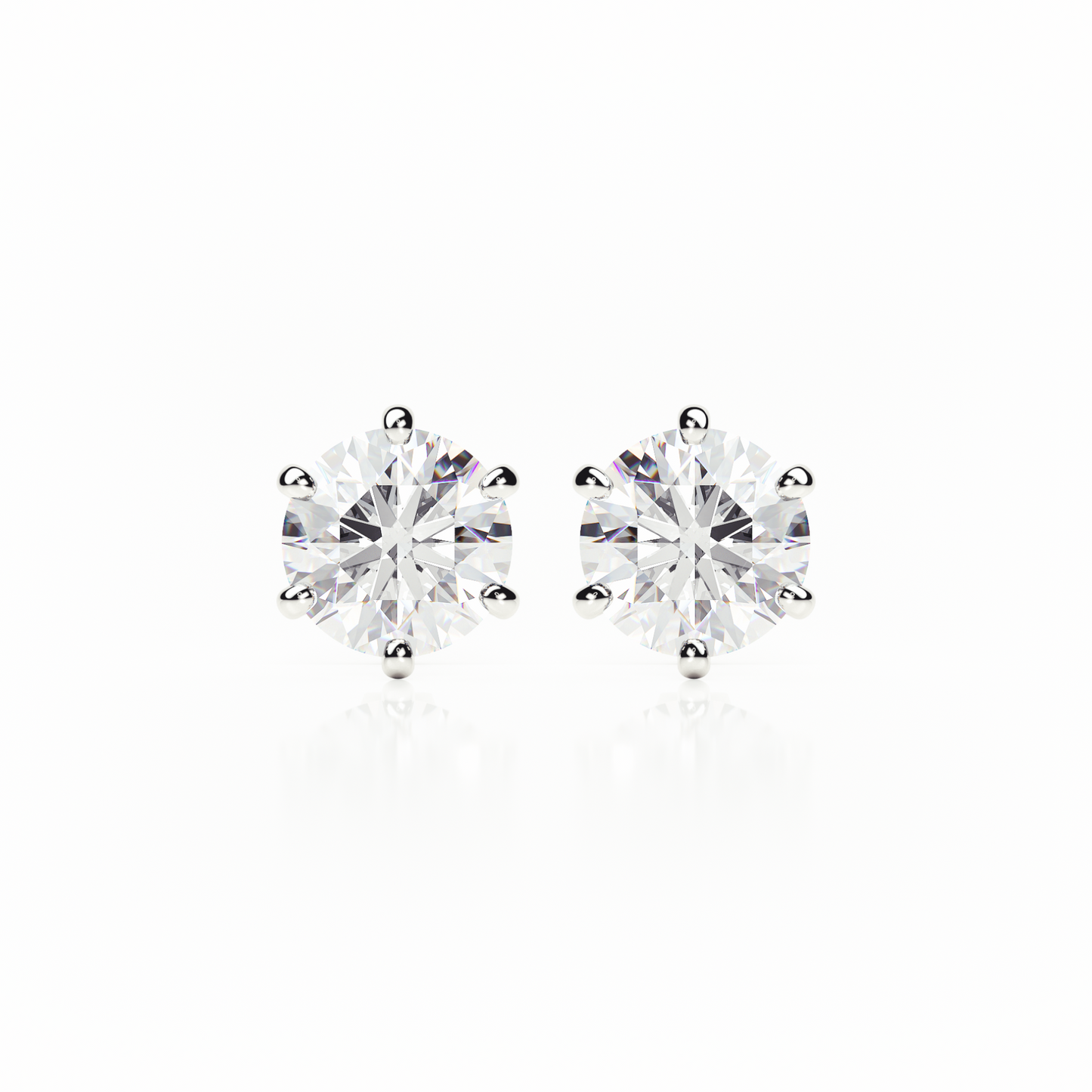 6 Claw Diamond Stud Earrings - Round Shape - Butterfly Backs