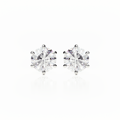6 Claw Diamond Stud Earrings - Round Shape - Butterfly Backs