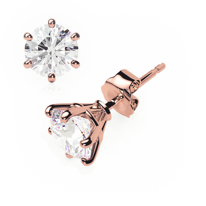 6 Claw Diamond Stud Earrings - Round Shape - Butterfly Backs