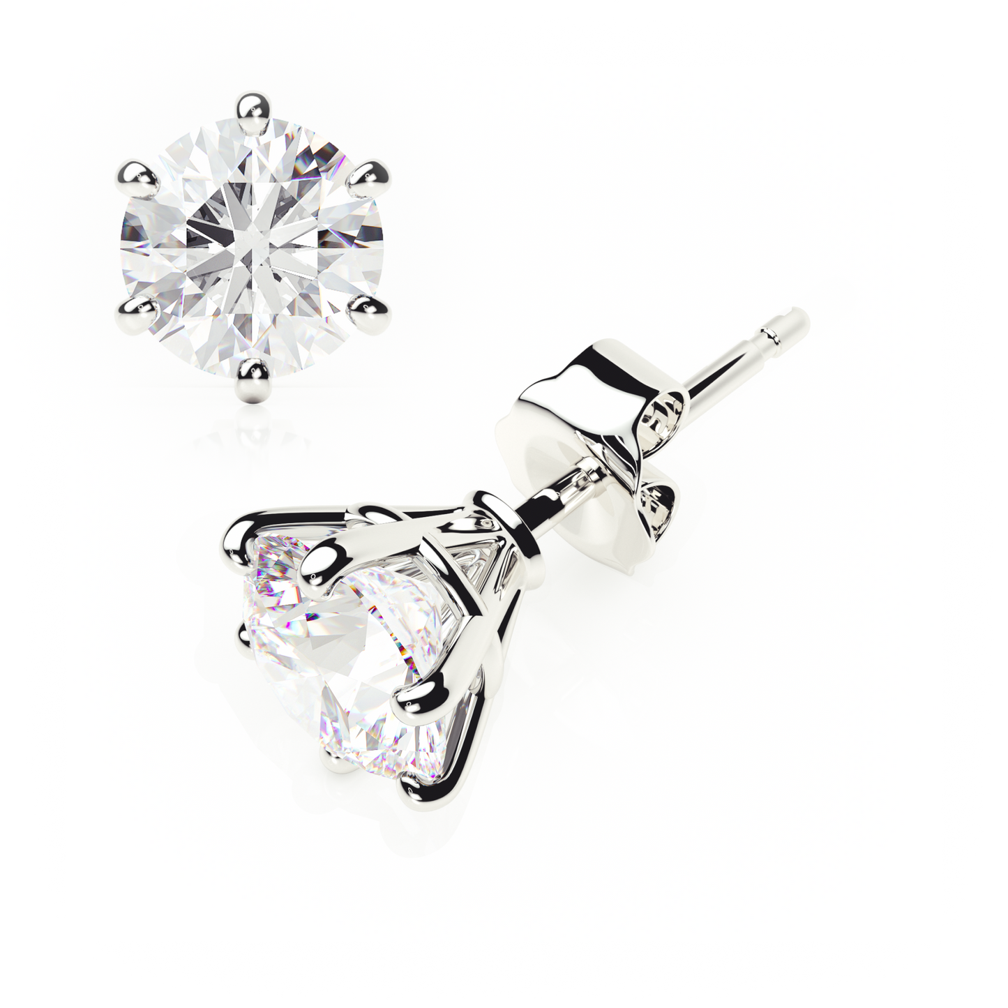 6 Claw Diamond Stud Earrings - Round Shape - Butterfly Backs