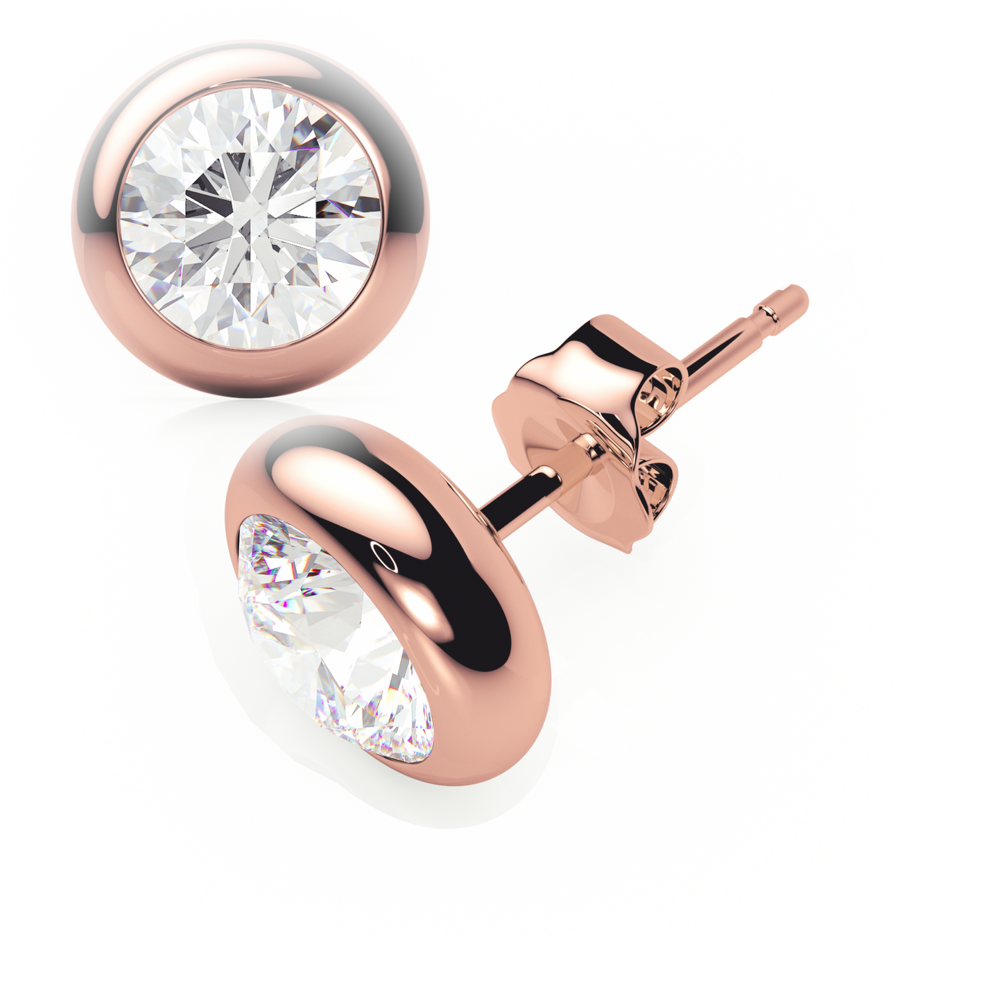 Rose gold earrings with clear gemstones on a white background