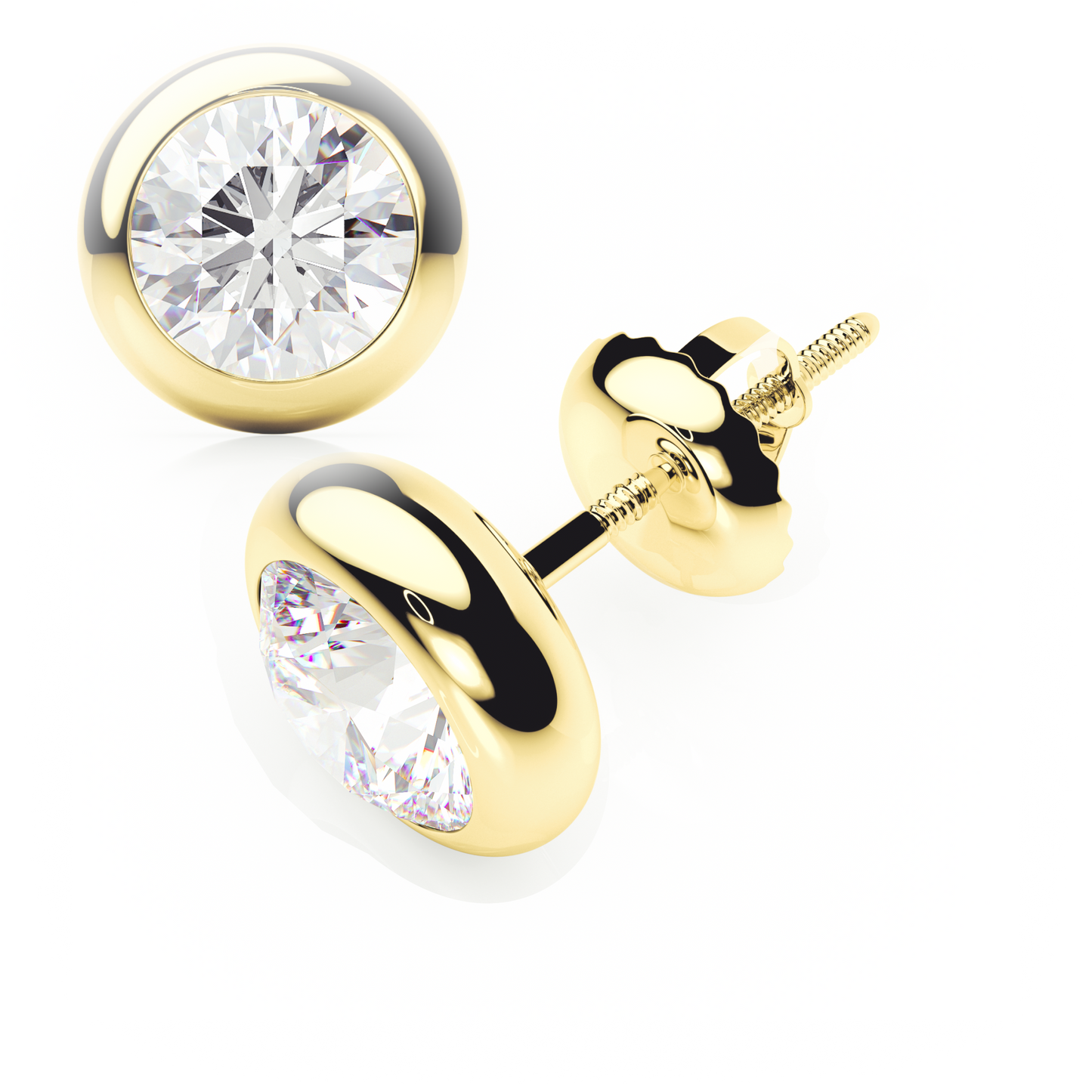Gold earrings with clear gemstones on a white background