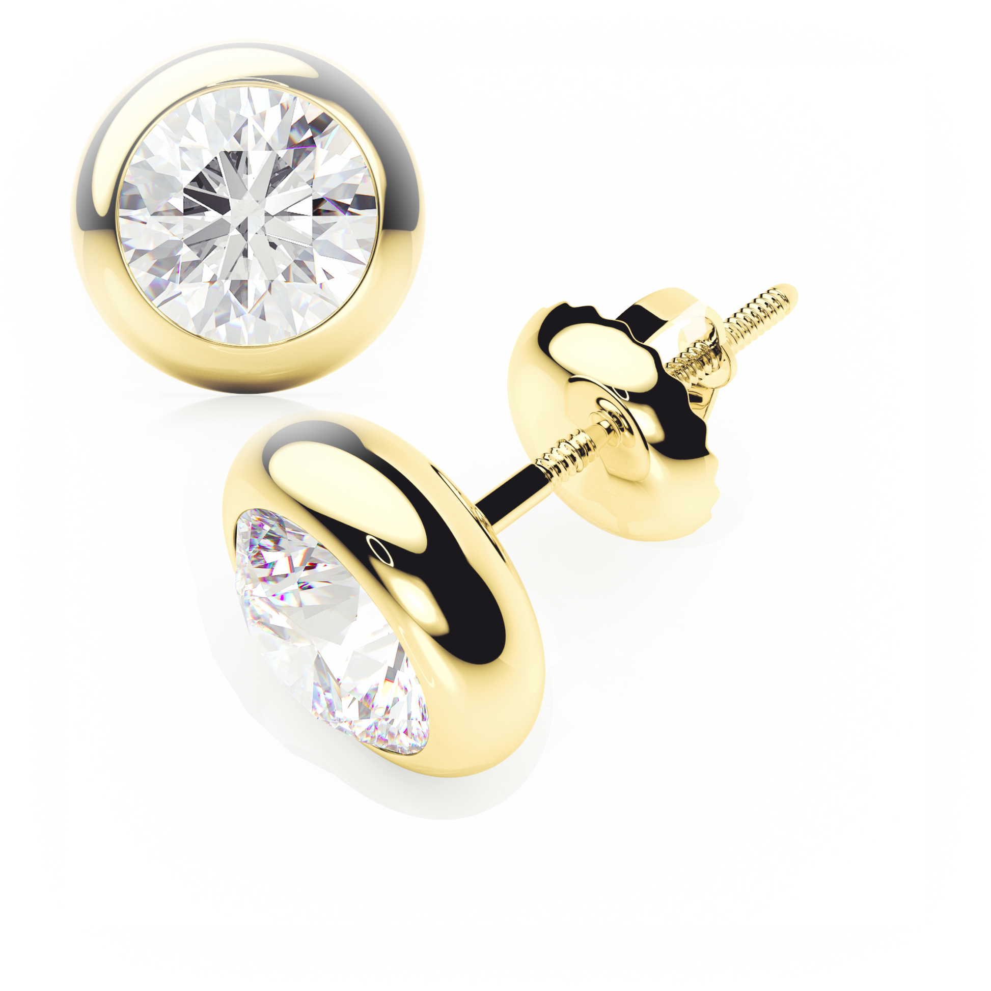 Gold earrings with clear gemstones on a white background