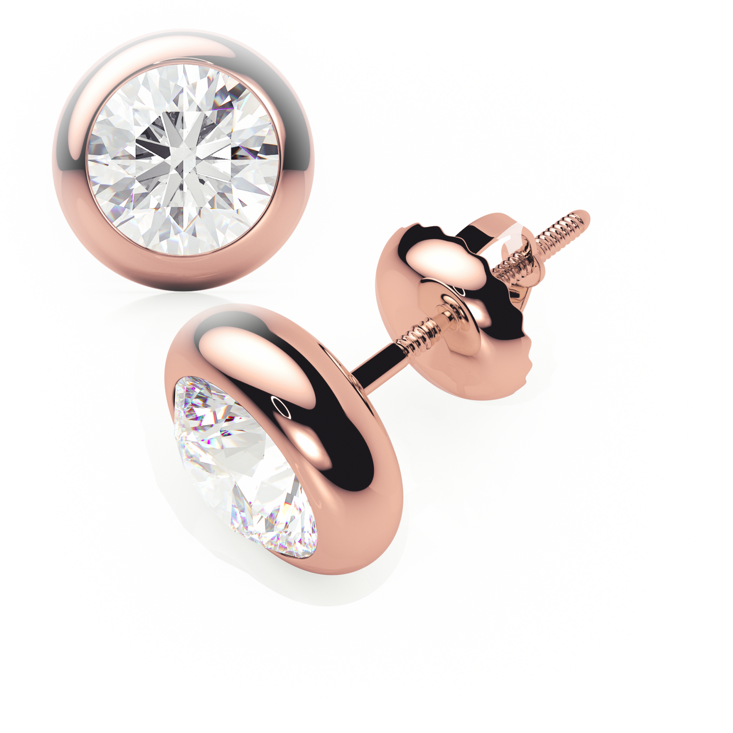 Rose gold stud earrings with clear gemstones on a white background