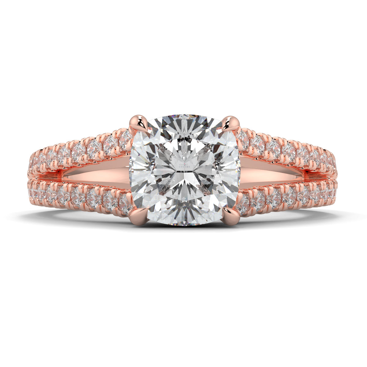Rose gold diamond ring with a large central gemstone on a white   Yb jewellers engagement ring split band background