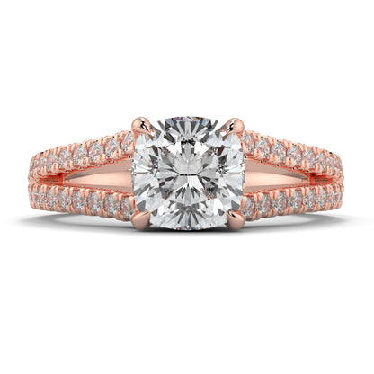 Rose gold diamond ring with a large central gemstone on a white   Yb jewellers engagement ring split band background