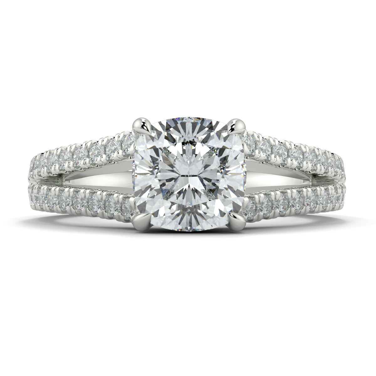 Diamond ring with a large central gemstone and smaller stones on a white background  Yb jewellers engagement ring split band