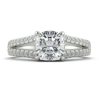 Diamond ring with a large central gemstone and smaller stones on a white background  Yb jewellers engagement ring split band