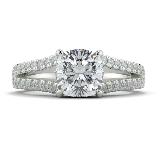 Diamond ring with a large central gemstone and smaller stones on a white background  Yb jewellers engagement ring split band