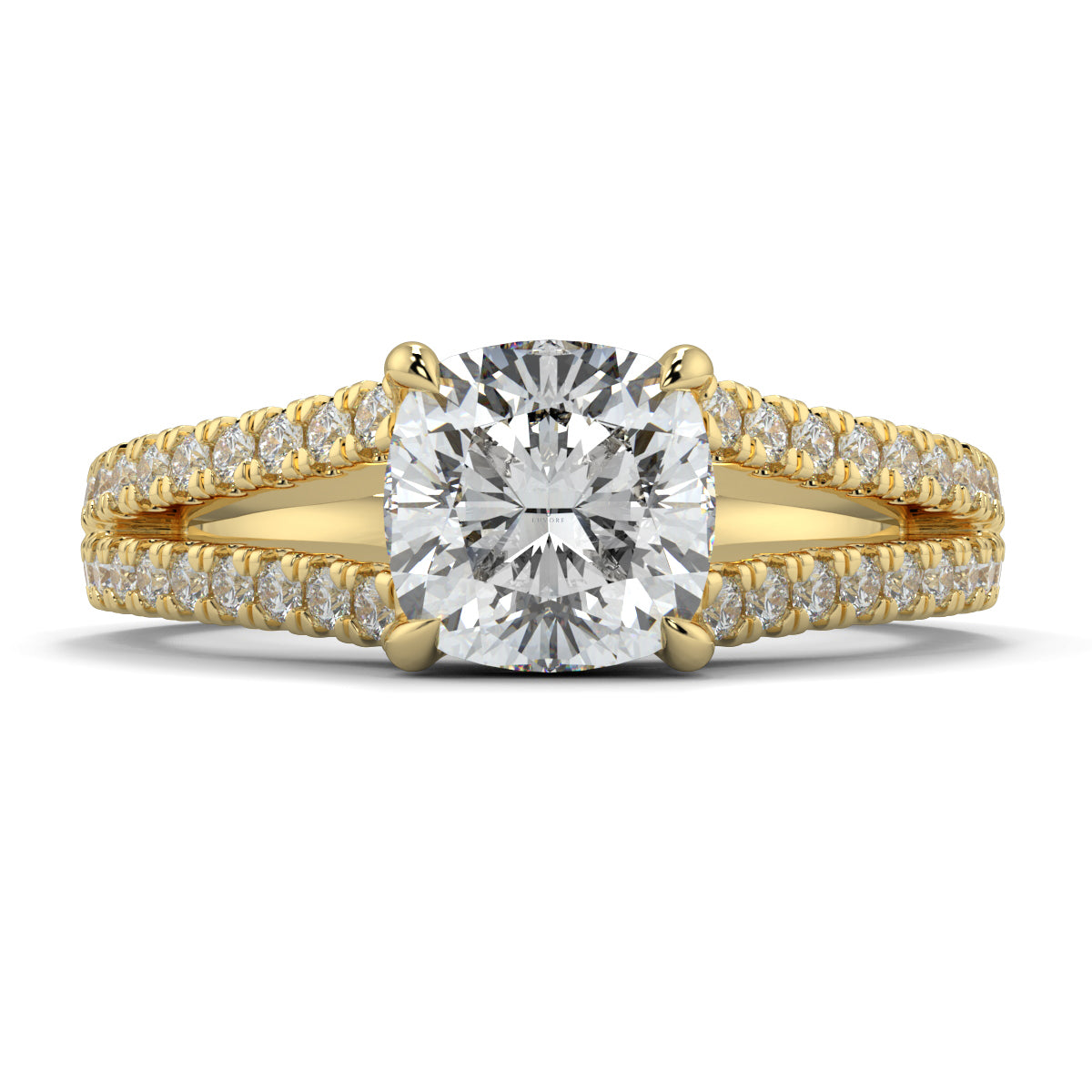 Gold ring with a large diamond and smaller diamonds on the band against a white background  Yb jewellers engagement ring split band