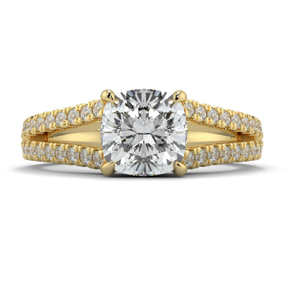 Gold ring with a large diamond and smaller diamonds on the band against a white background  Yb jewellers engagement ring split band