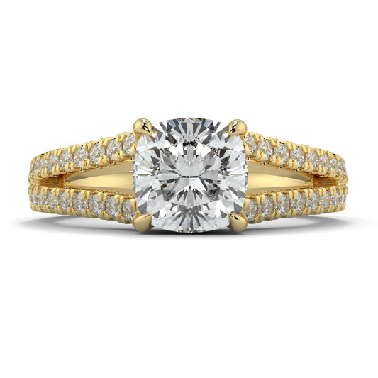 Gold ring with a large diamond and smaller diamonds on the band against a white background  Yb jewellers engagement ring split band