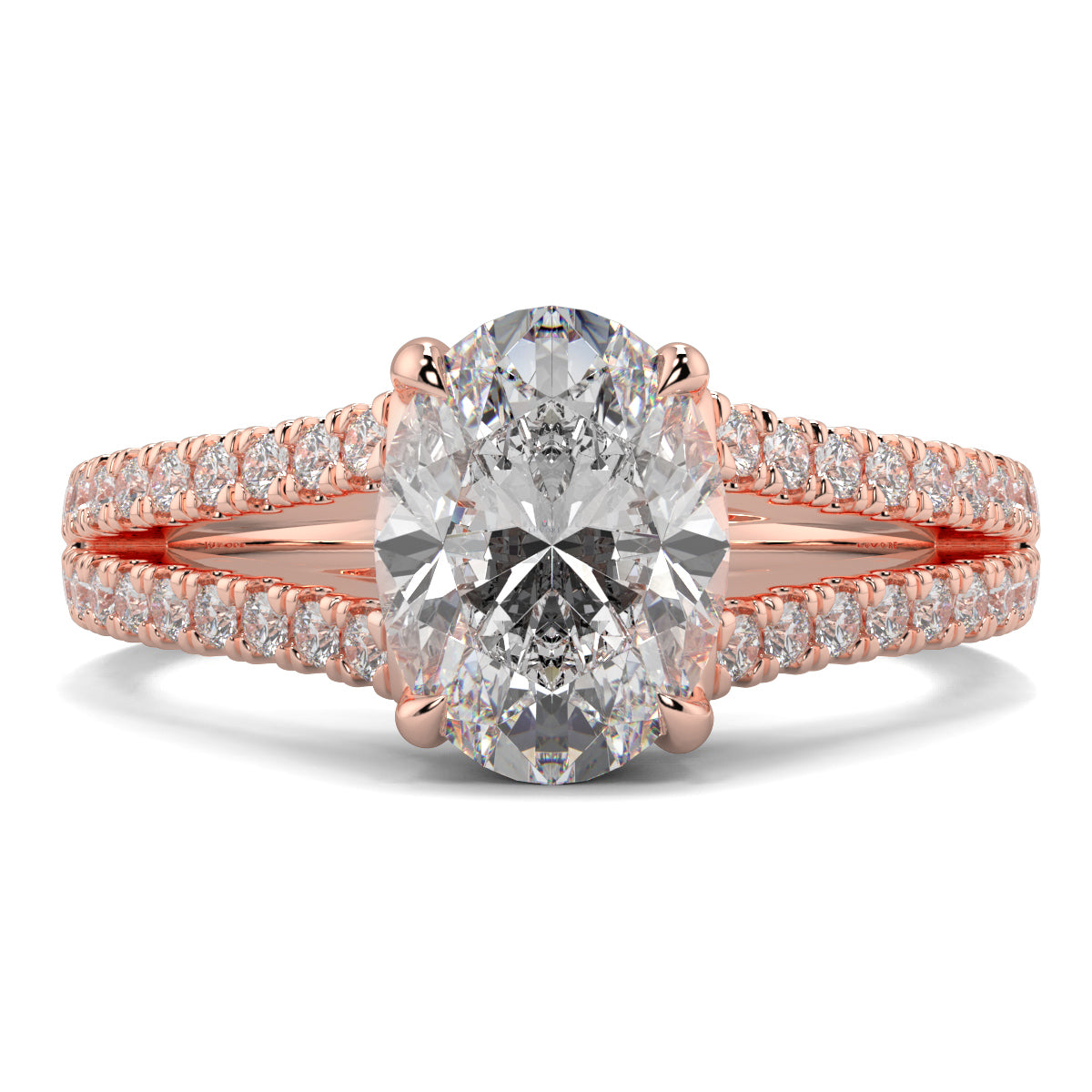 Rose gold diamond ring with a large central gemstone on a white Yb jewellers engagement ring straight bandbackground