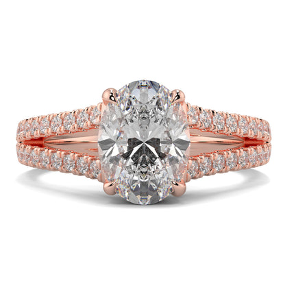 Rose gold diamond ring with a large central gemstone on a white Yb jewellers engagement ring straight bandbackground