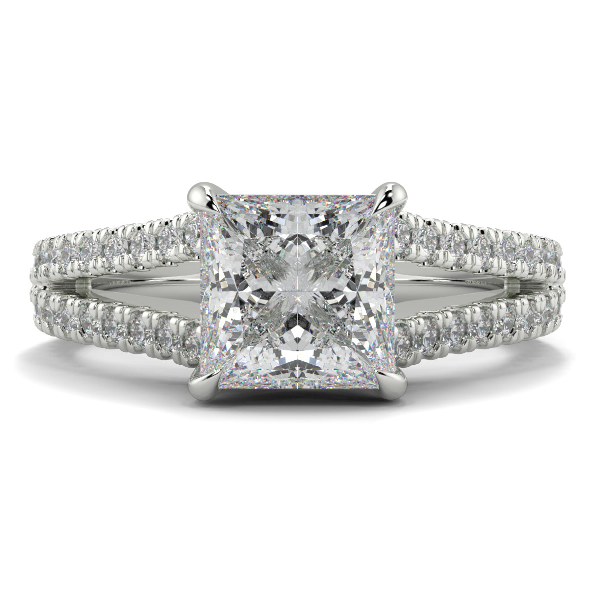 Diamond ring with a prominent central gemstone and smaller stones on a white background Yb jewellers engagement ring straight band