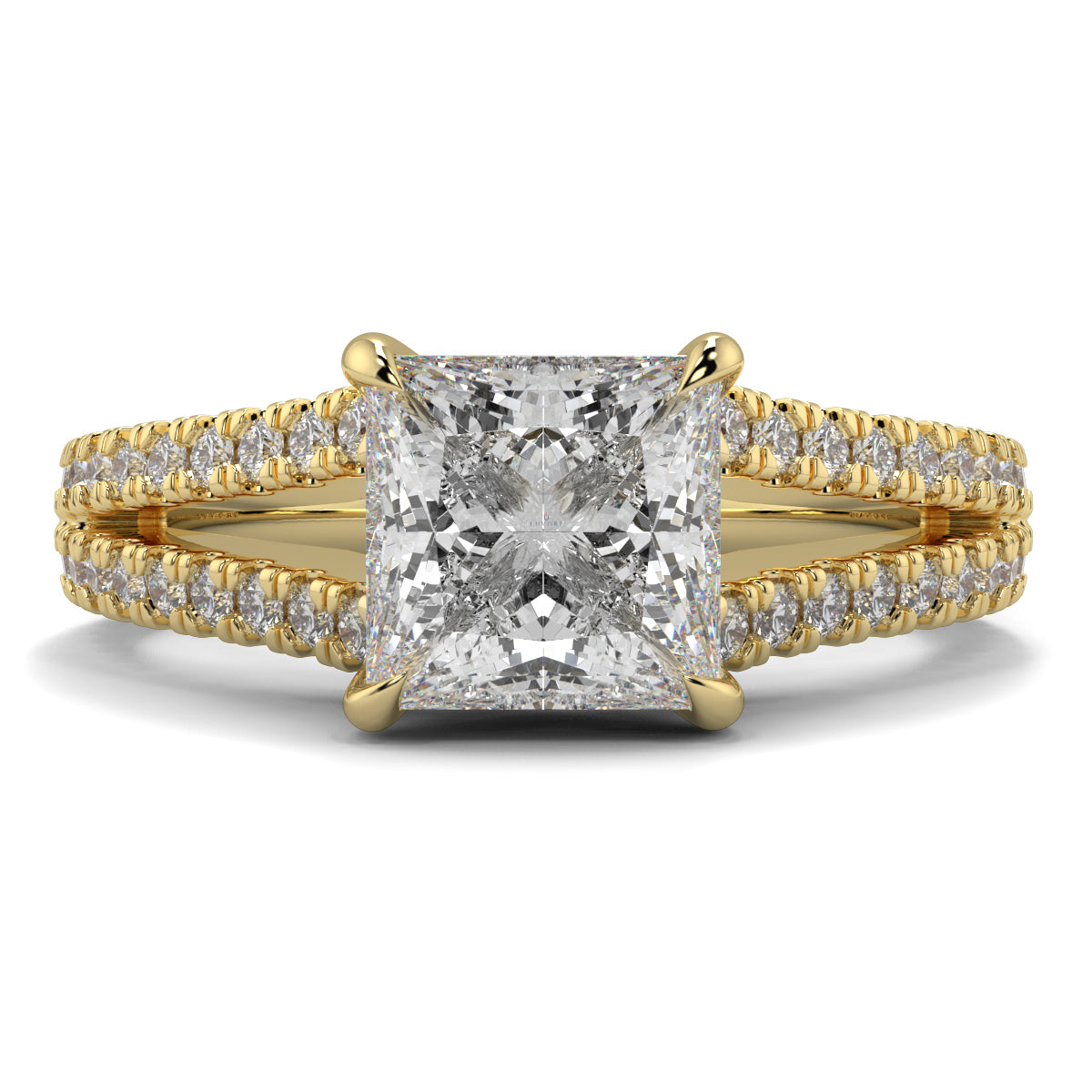 Gold ring with a large diamond and smaller diamonds on the band against a white background Yb jewellers engagement ring straight band