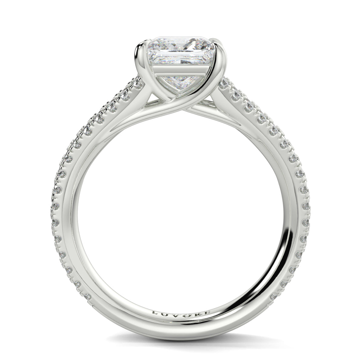 Diamond ring with engraving on a white background Yb jewellers engagement ring straight band 