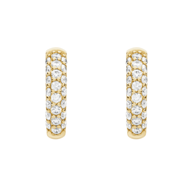 Gold hoop earrings with embedded diamonds on a green background pair of huggiee earrings in 18k white gold platinum with micro diamond setting by yb jewellers 