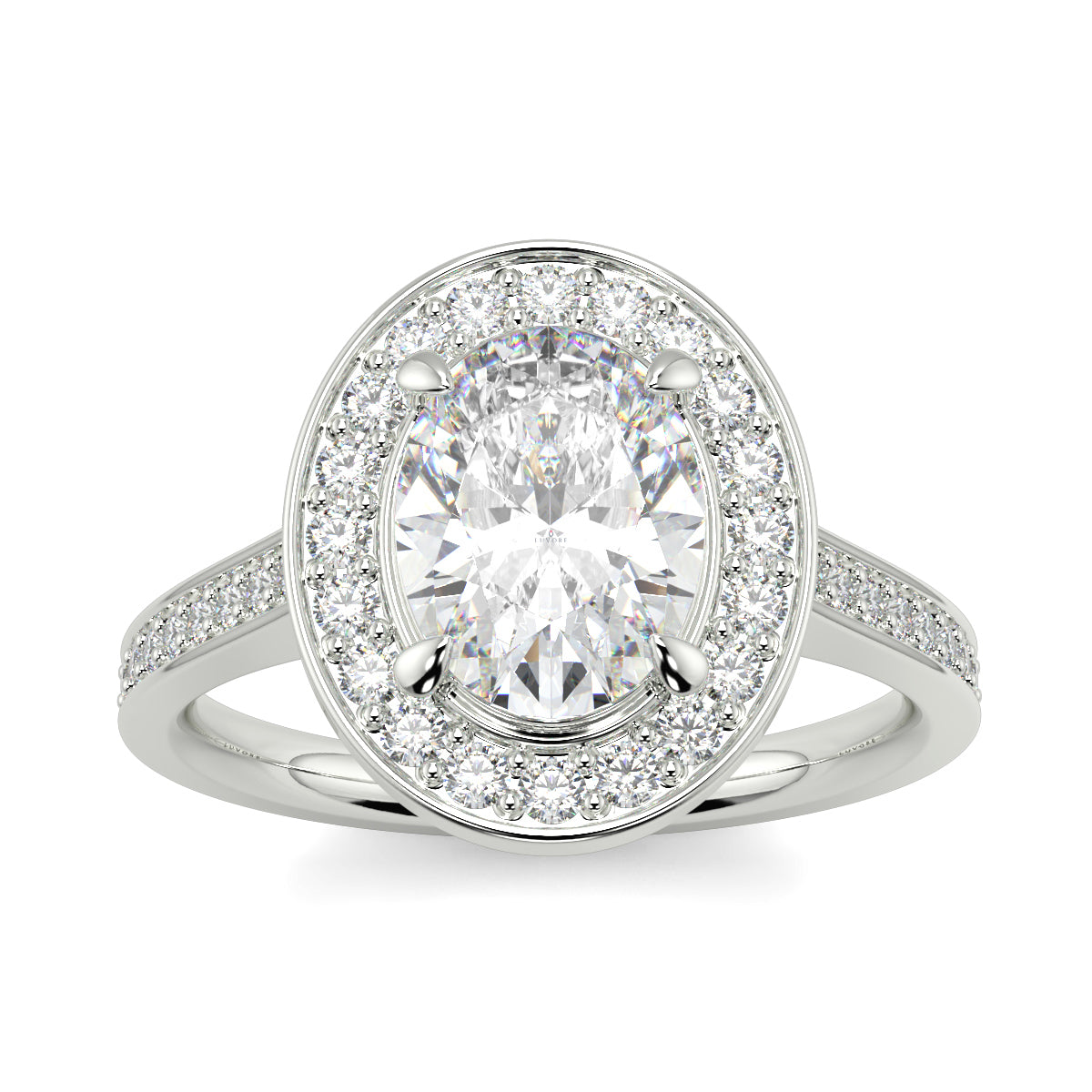 Diamond ring with a central gemstone and smaller diamonds on a white  oval halo best sling design Yb Jewellers  background