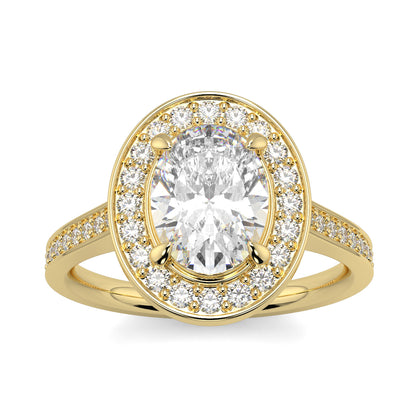 Gold ring with a large central diamond and smaller diamonds around on a white background oval halo best sling design Yb Jewellers 