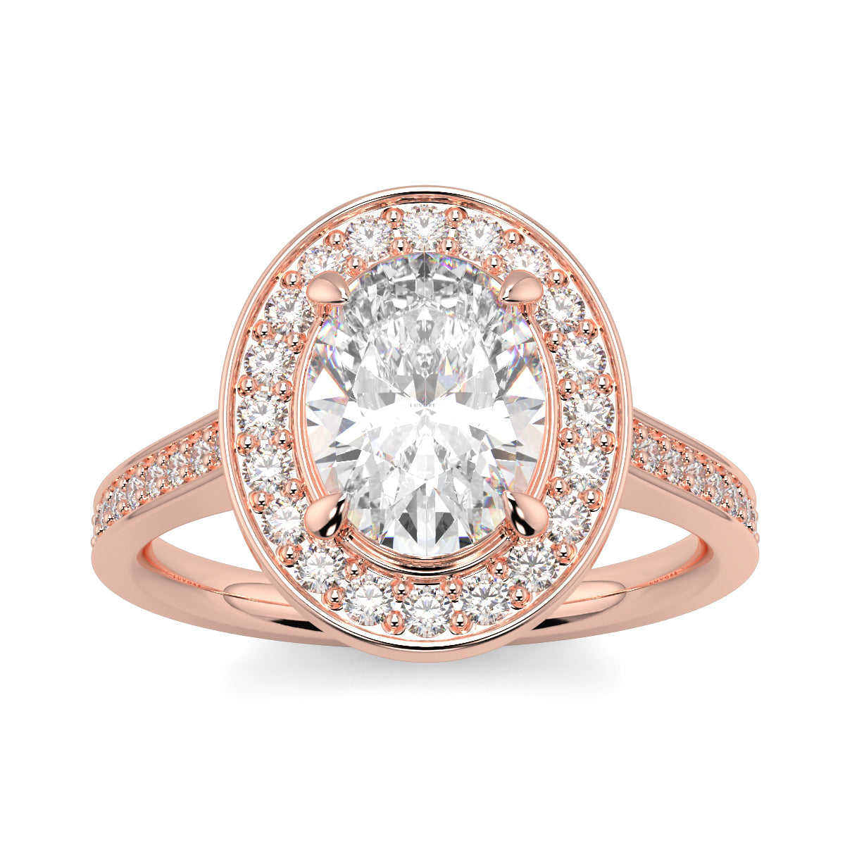 Rose gold ring with a large diamond and smaller diamonds on the band against a white background oval halo best sling design Yb Jewellers 