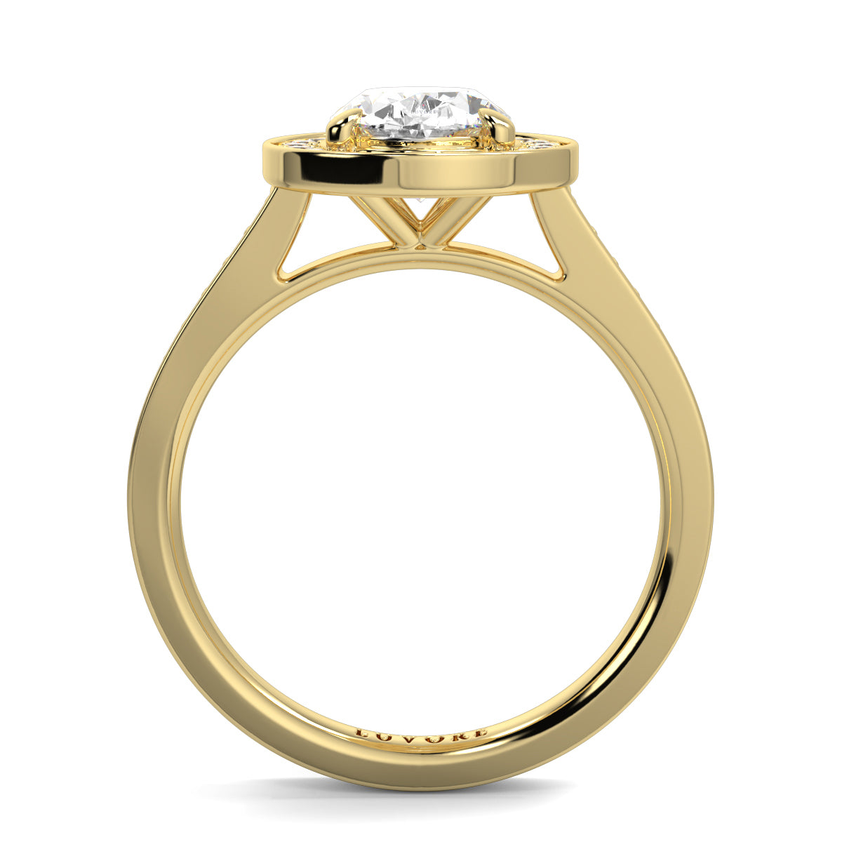 Gold ring with a diamond on a white background oval halo best sling design Yb Jewellers 