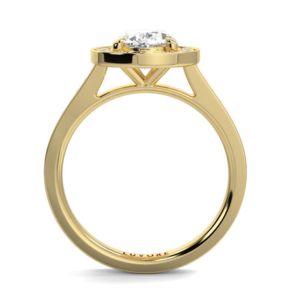 Gold ring with a diamond on a white background oval halo best sling design Yb Jewellers 