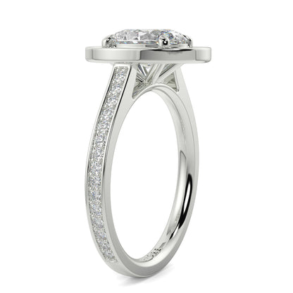 Silver ring with a diamond on a white background oval halo best sling design Yb Jewellers 