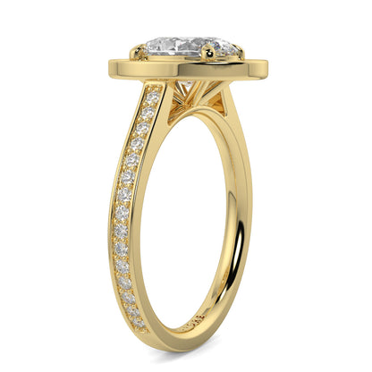 Gold ring with a diamond on a white background oval halo best sling design Yb Jewellers 