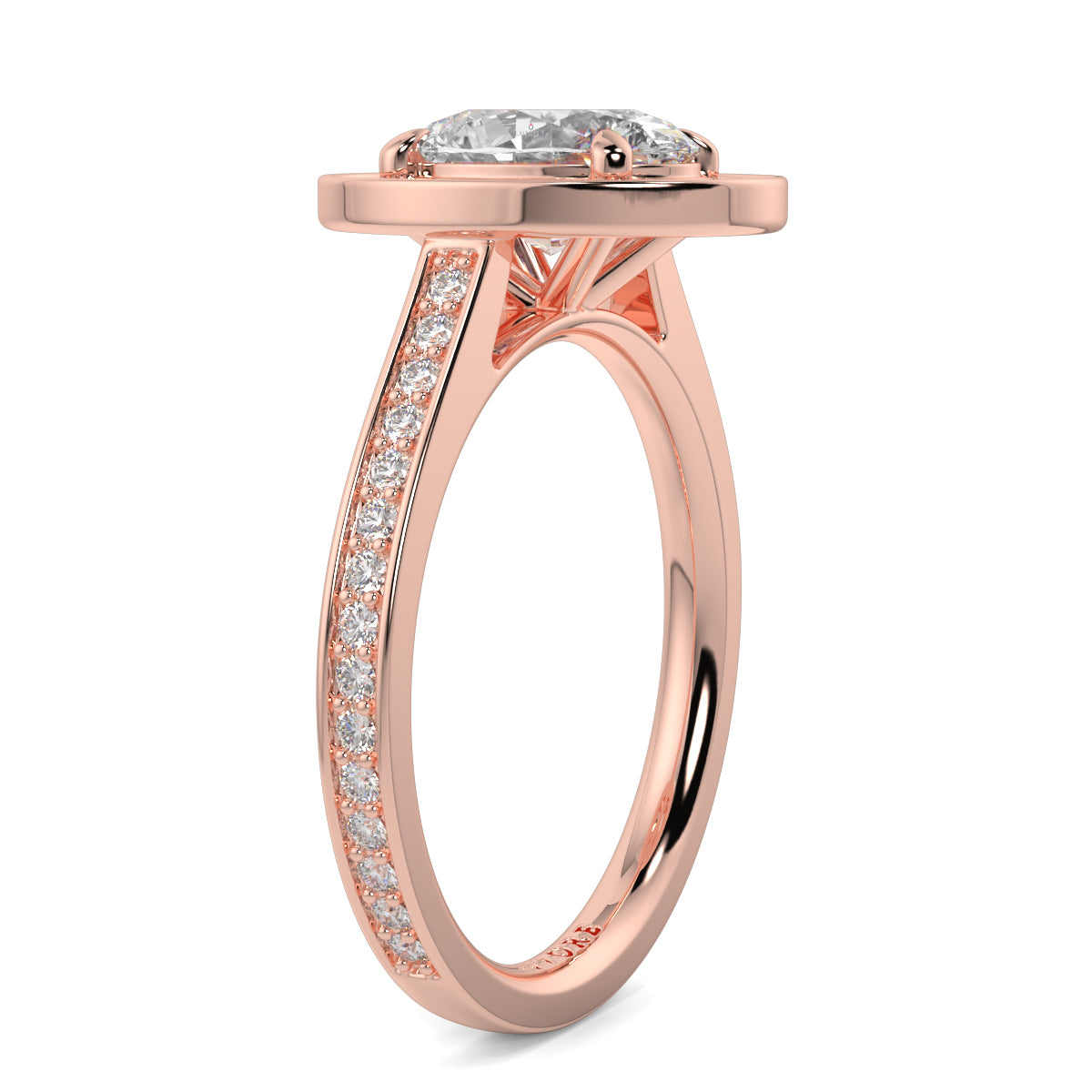Rose gold ring with a diamond on a white background oval halo best sling design Yb Jewellers 