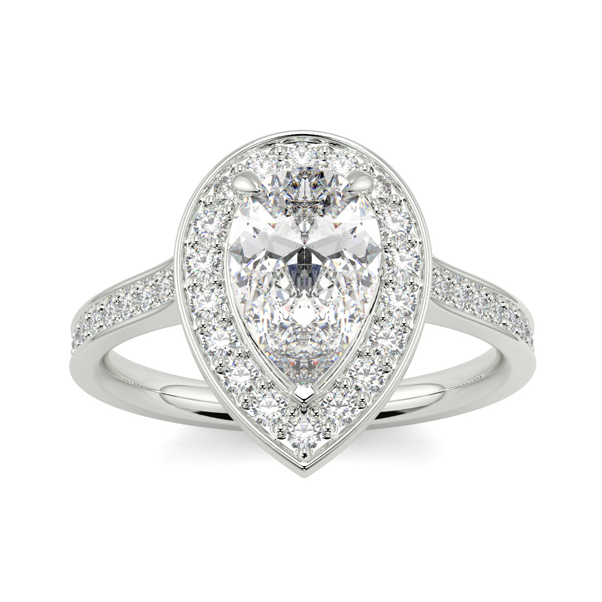 Diamond ring with a pear-shaped center stone on a white background Pear shaped diamond engagement ring Yb jewellers trending ring designs