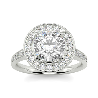 Diamond ring with a halo of smaller diamonds on a white background engagement ring Yb jewellers trending design