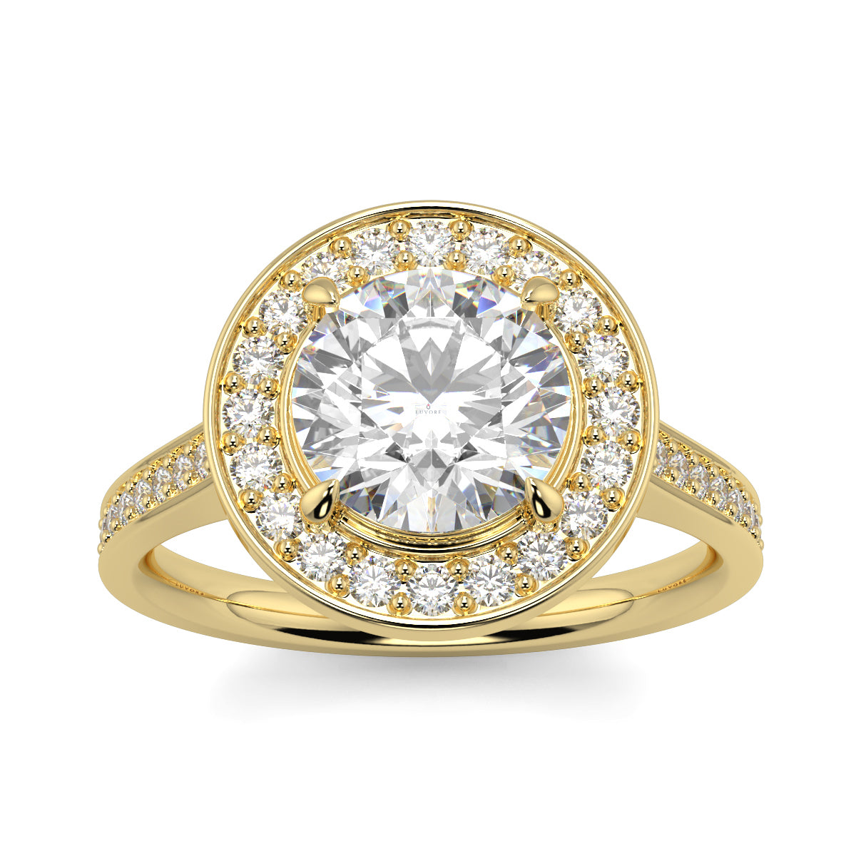Gold ring with a large diamond and smaller diamonds around on a white background engagement ring Yb jewellers trending design