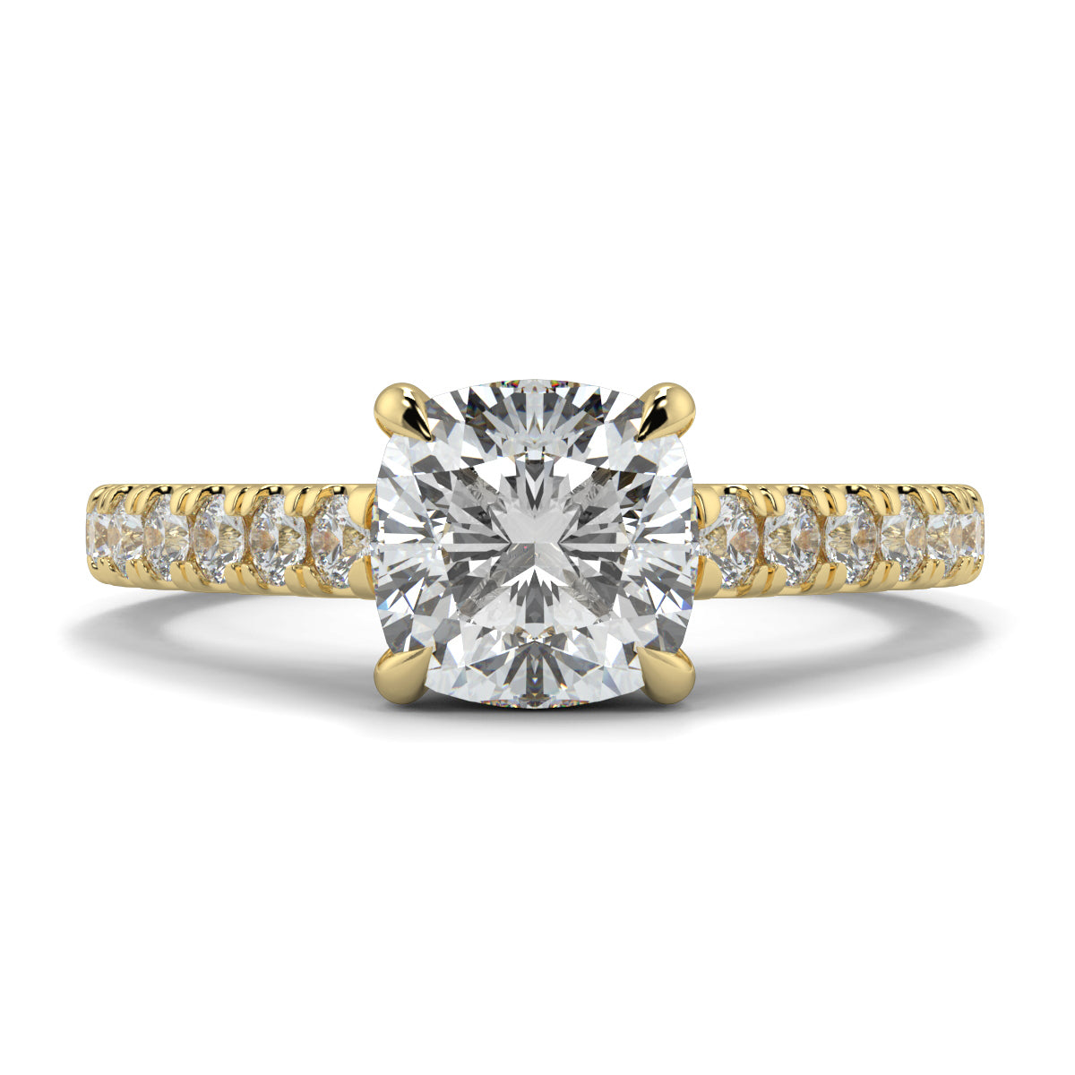 Gold ring with a large diamond and smaller diamonds on the band against a white background Yb jewellers engagement ring straight band