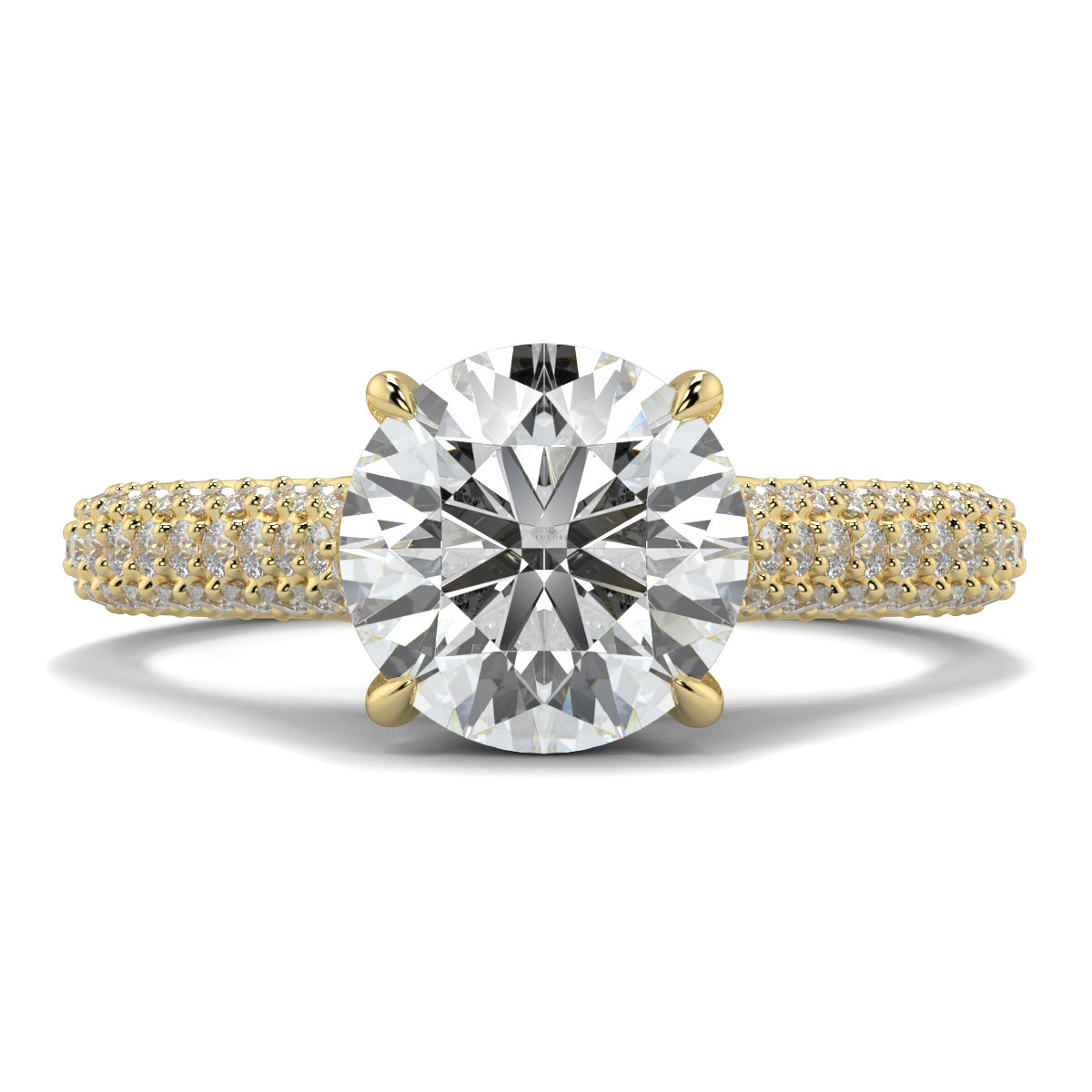 Gold ring with a large diamond on a white background Yb jewellers engagement ring straight band