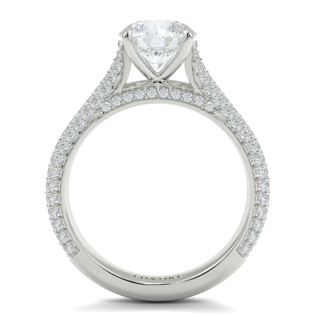 Diamond ring with a clear gemstone on a white background Yb jewellers engagement ring straight band