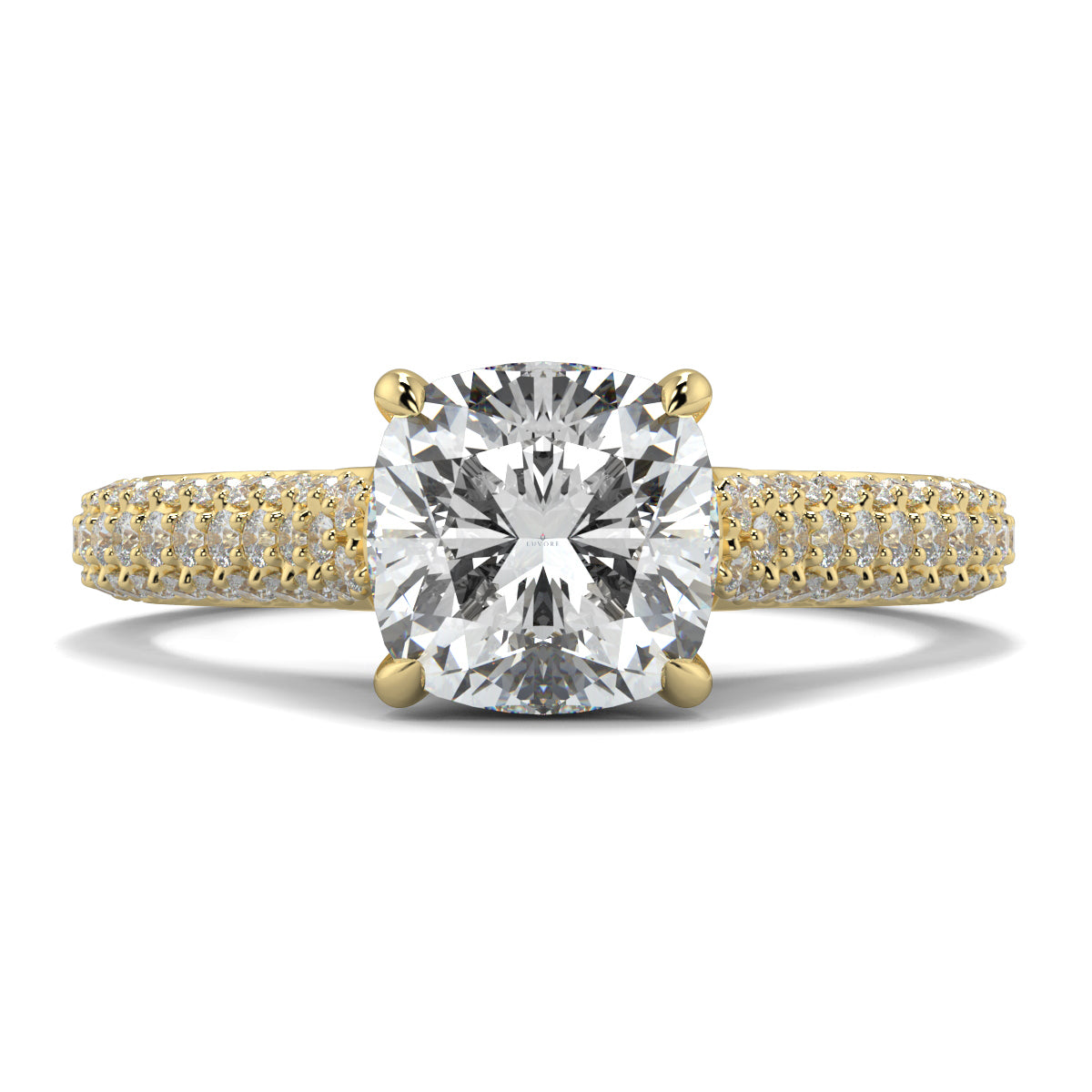 Gold ring with a large diamond and smaller diamonds on the band against a white background Yb jewellers engagement ring straight band