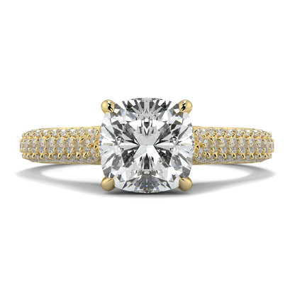 Gold ring with a large diamond and smaller diamonds on the band against a white background Yb jewellers engagement ring straight band