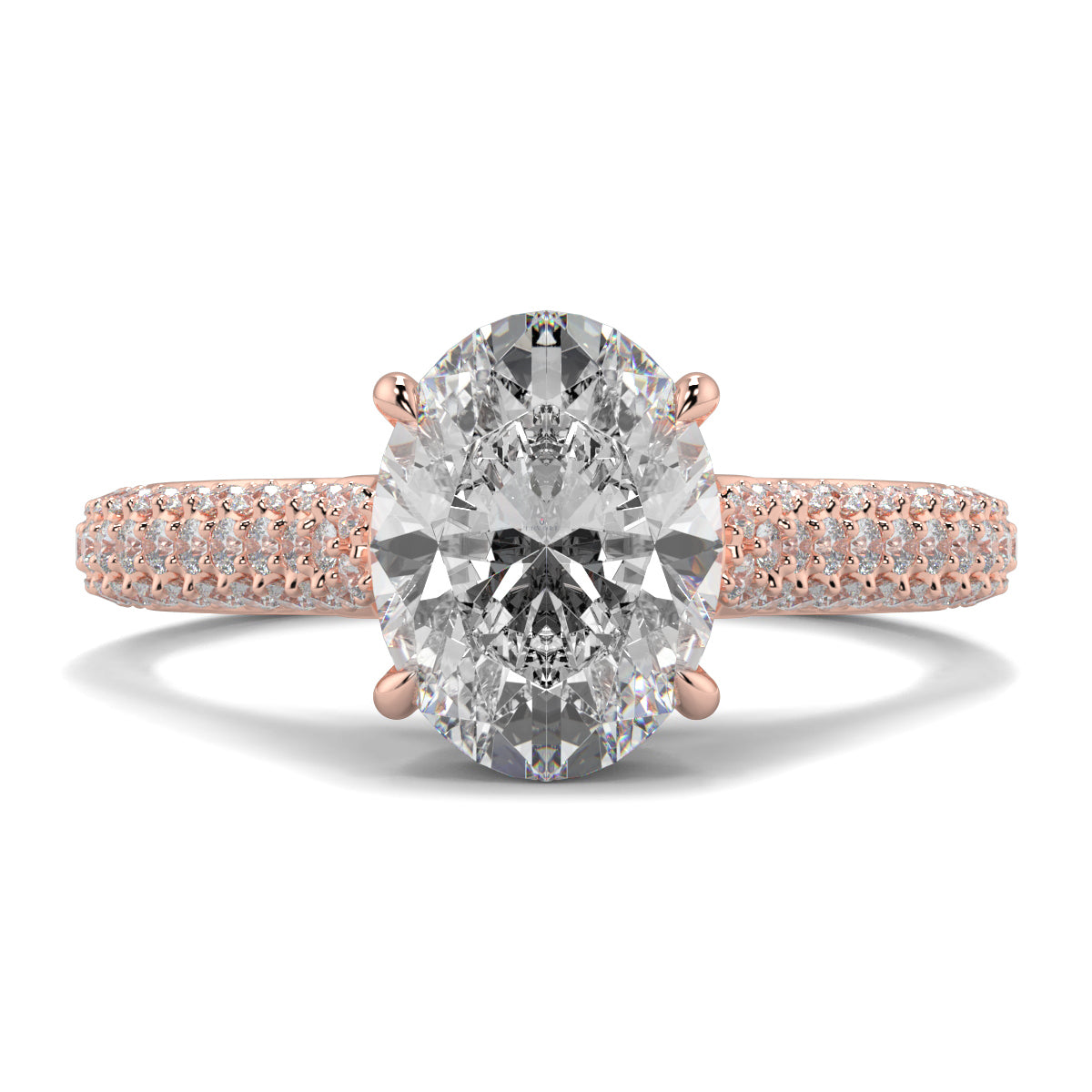 Rose gold ring with a large diamond and smaller diamonds on the band against a white background Yb jewellers engagement ring straight band