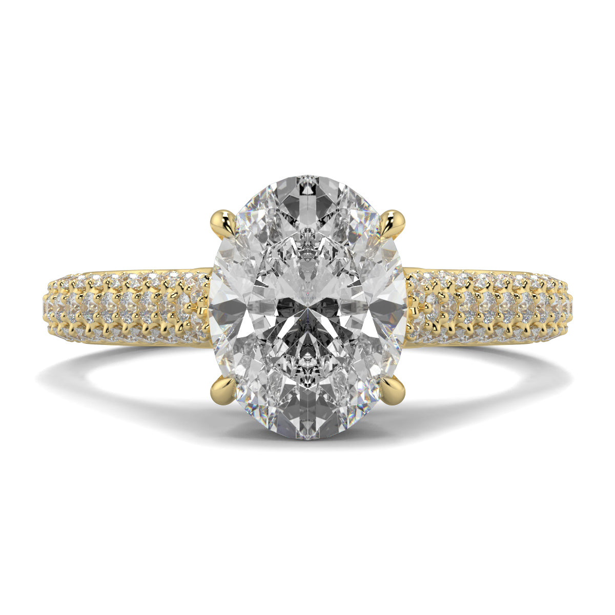 Gold ring with a large diamond and smaller diamonds on the band against a white background Yb jewellers engagement ring straight band