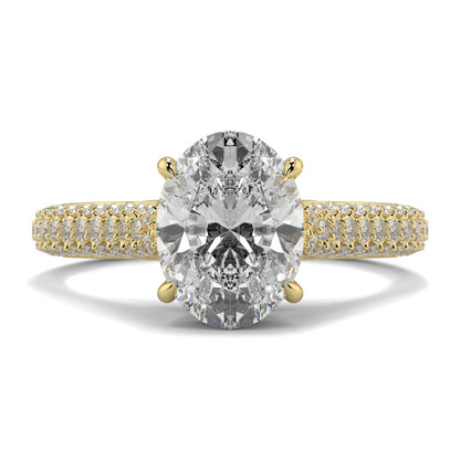 Gold ring with a large diamond and smaller diamonds on the band against a white background Yb jewellers engagement ring straight band