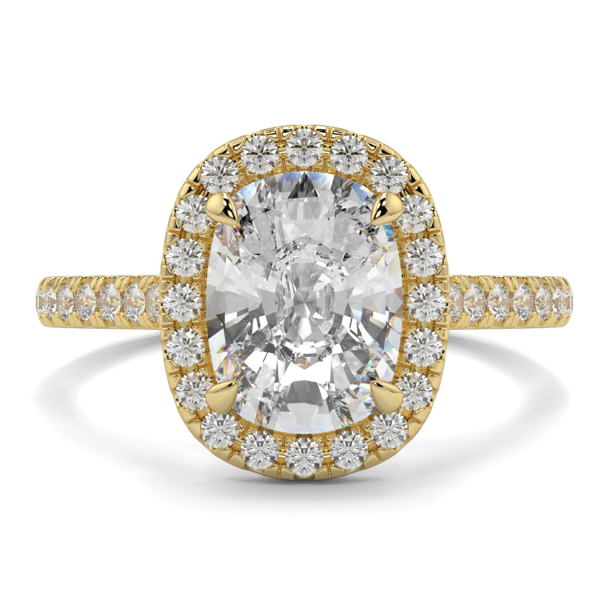Gold ring with a large diamond and smaller diamonds around on a white background YB Jewellers engagement ring best value