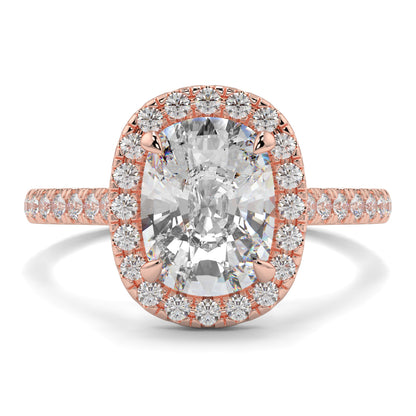 Rose gold ring with a large diamond and smaller diamonds on a white YB Jewellers engagement ring best value background
