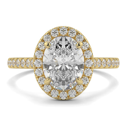 Gold ring with a large central diamond and smaller diamonds around on a white background yb jewellers oval engagement ring best value