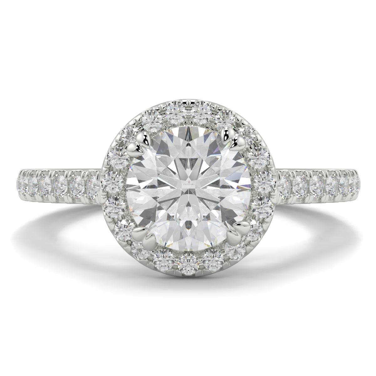 Diamond ring with a clear gemstone on a white background round diamond halo engagement ring yb jewellers tiger claws vintage style