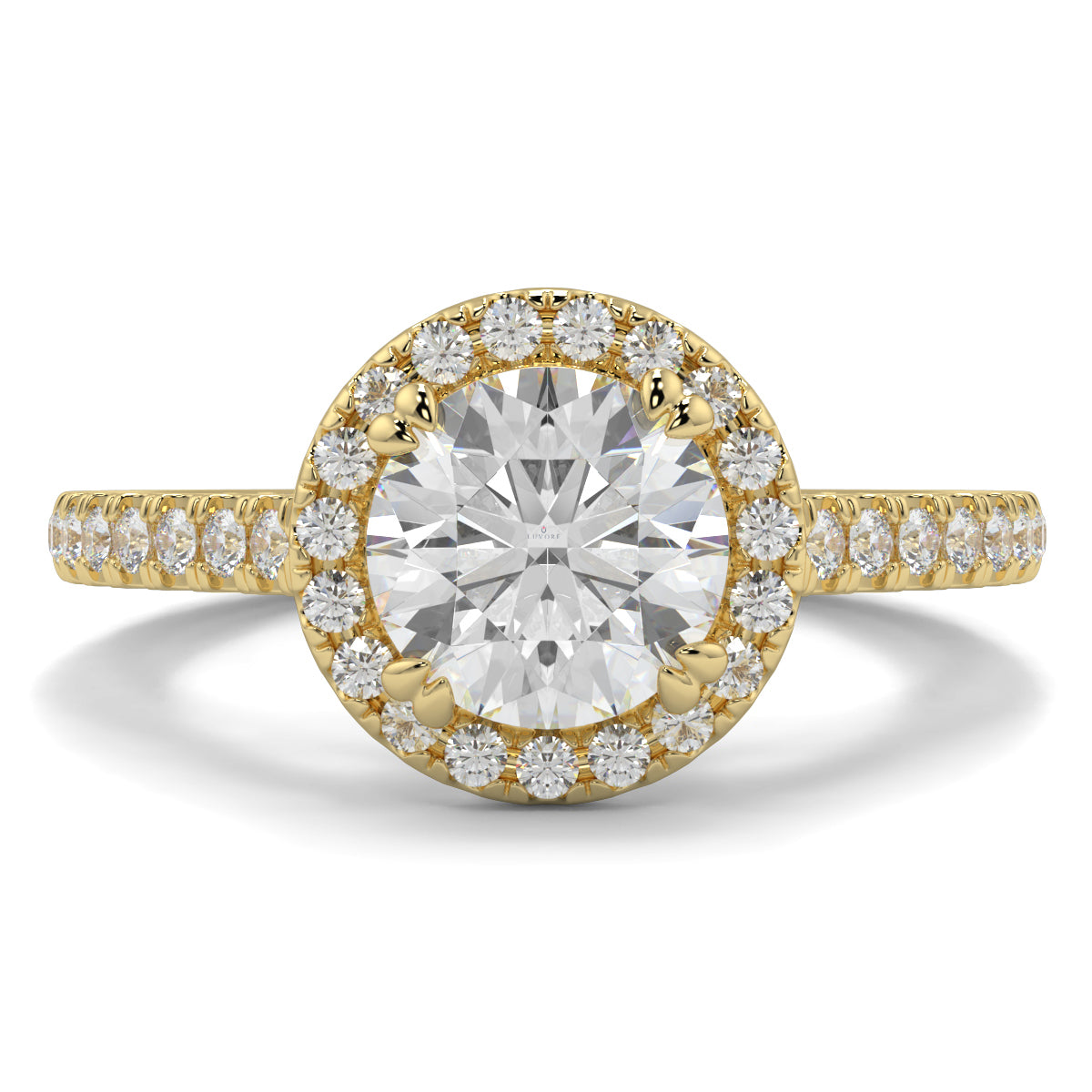 Gold ring with a large diamond and smaller diamonds around on a white background round diamond halo engagement ring yb jewellers tiger claws vintage style