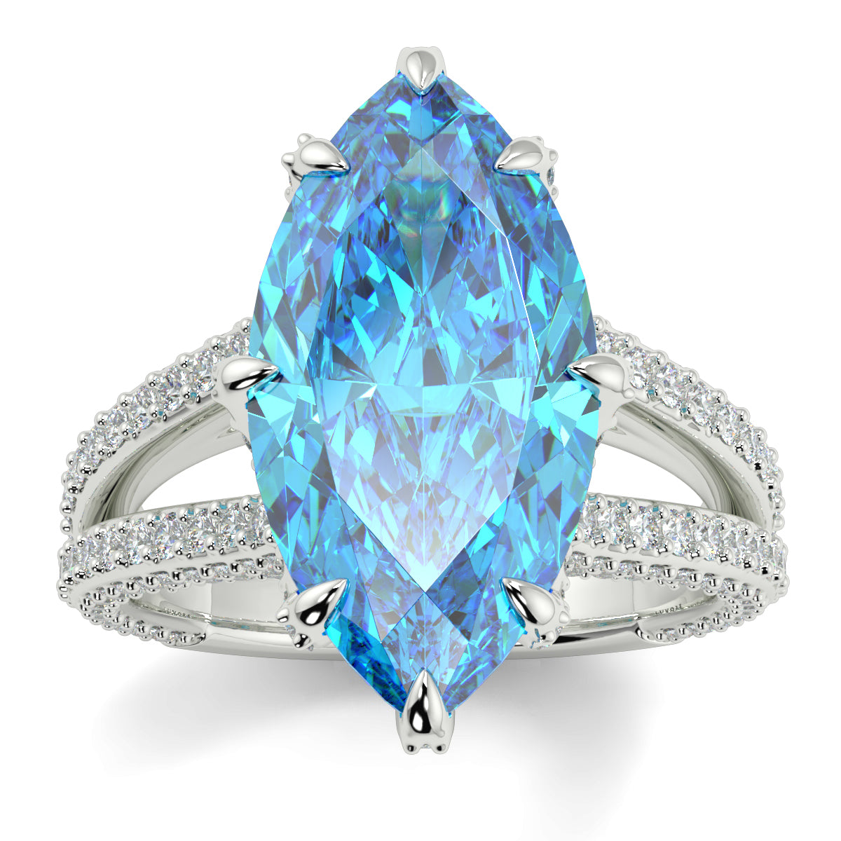 Ring with a large blue gemstone and smaller diamonds on a white background yb jewellers marquise split diamond engagement ring with diamond set band and diamond encrusted collet vintage marquise lab grown blue diamond ring